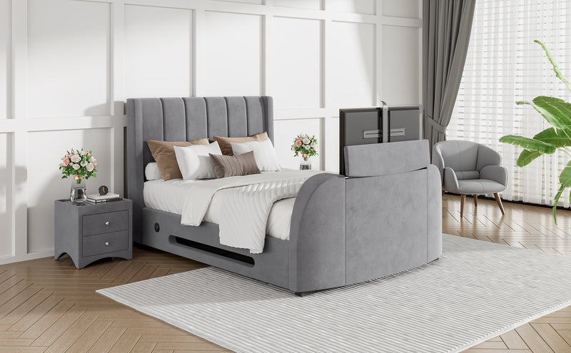 Solace Super King Ottoman TV Bed in Grey Velvet