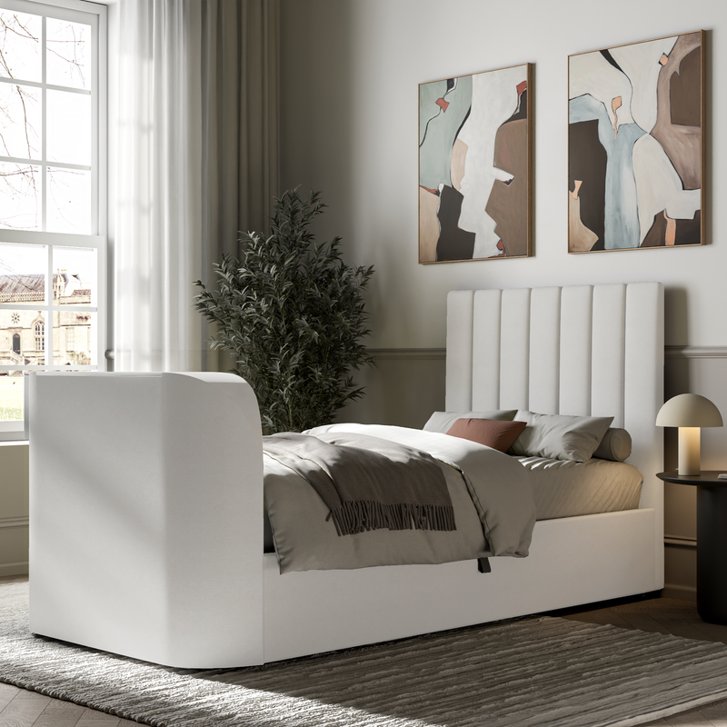 Madrid 3ft Single TV Bed Ottoman Storage in Natural Fabric With 32" TV Capacity
