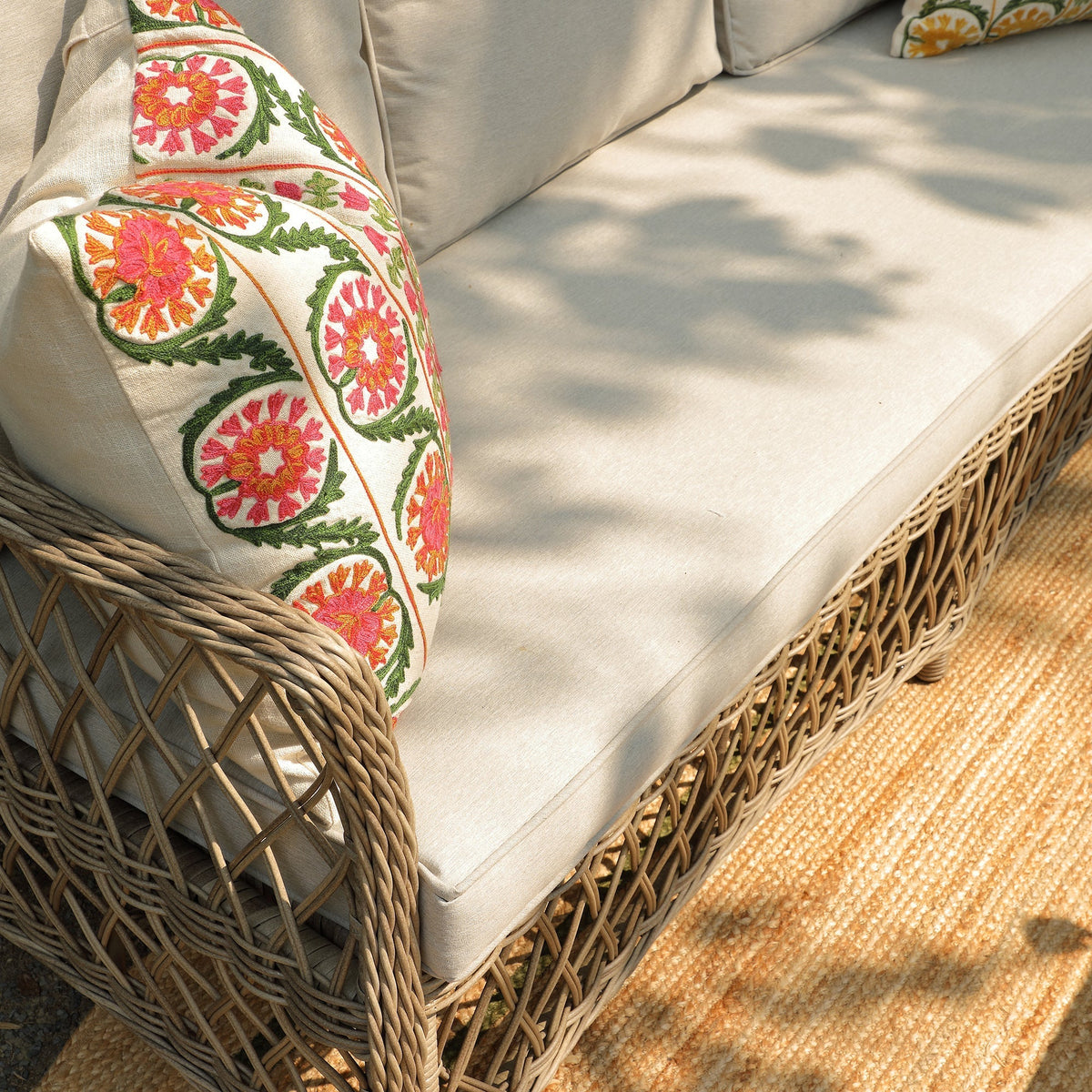 Close-up of the Willowbrook seat cushions and embroidered scatter pillow