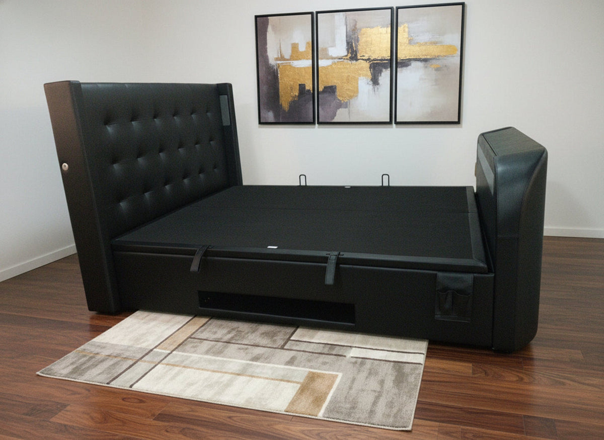 Campbell 5.1 Surround Sound TV Bed Ottoman Built in Soundbar Upholstered in Black Leather — view 5