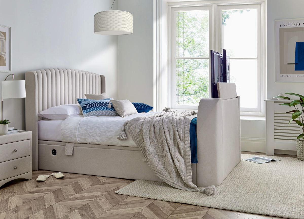 Essence Ottoman Storage TV Bed in Natural Cream Fabric