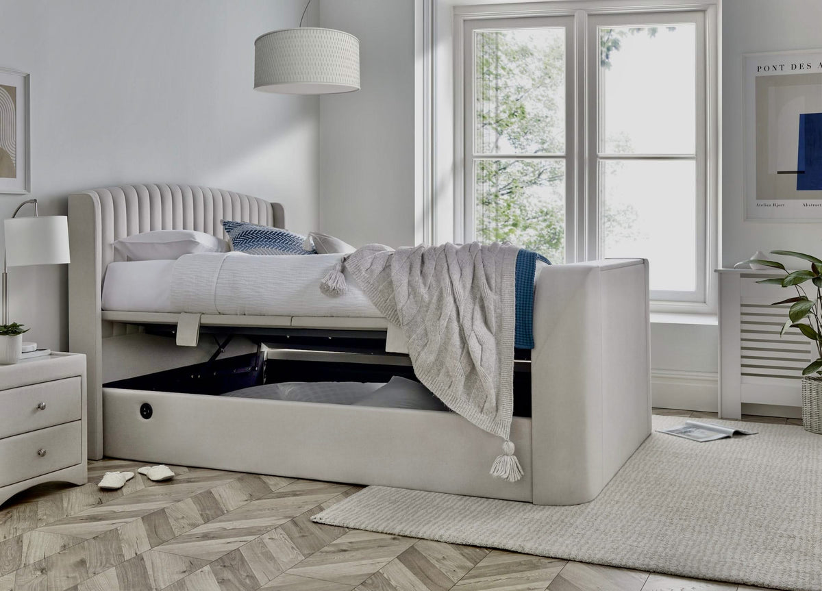 Essence Ottoman Storage TV Bed in Natural Cream Fabric — view 2
