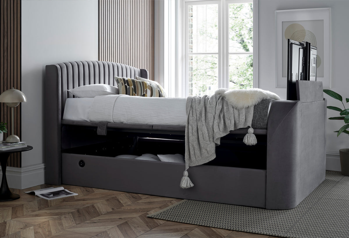 Essence Ottoman Storage TV Bed in Grey Velvet - Superking — view 8