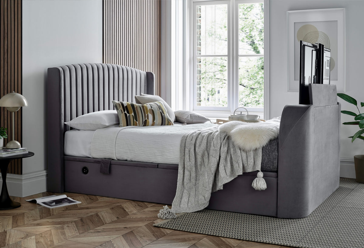 Essence Ottoman Storage TV Bed in Grey Velvet - Superking