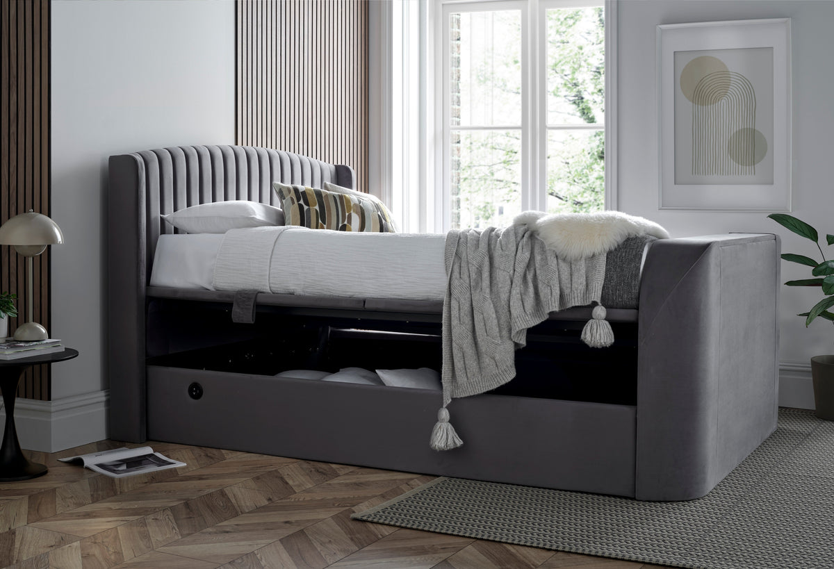 Essence Ottoman Storage TV Bed in Grey Velvet - Superking — view 9