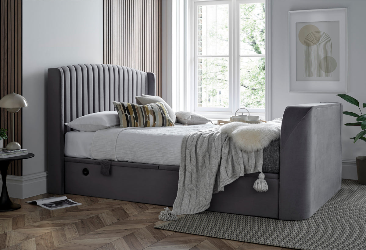 Essence Ottoman Storage TV Bed in Grey Velvet - Superking — view 7