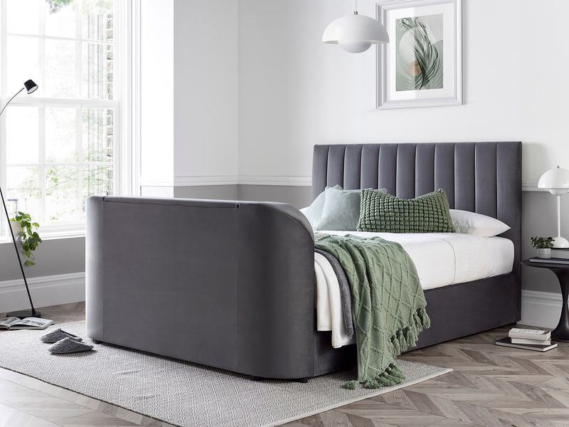 Madrid Ottoman TV Bed in Grey Velvet With 43" TV Capacity