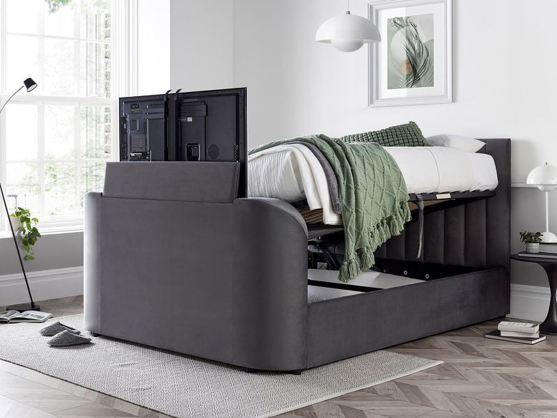 Madrid 6ft Super King Ottoman TV Bed in Grey Velvet With 43" TV Capacity — view 2