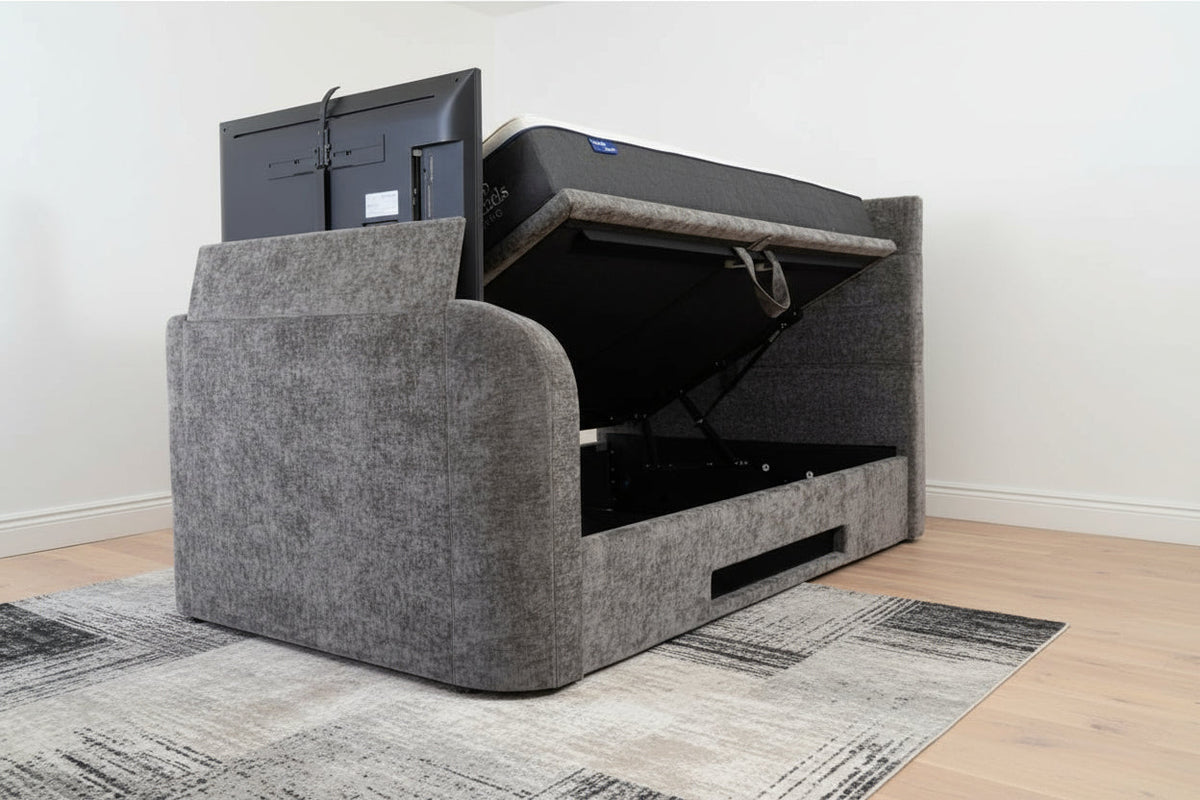 Annecy Double TV Bed With Ottoman Storage 2.1 Sound & 43" TV Capacity in Grey Fabric — view 4