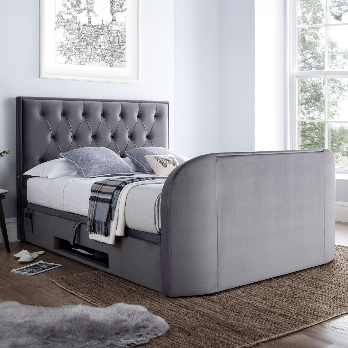 Lyon 2.1 Ottoman TV Bed in Grey Velvet Built in Speakers & 43" TV Capacity