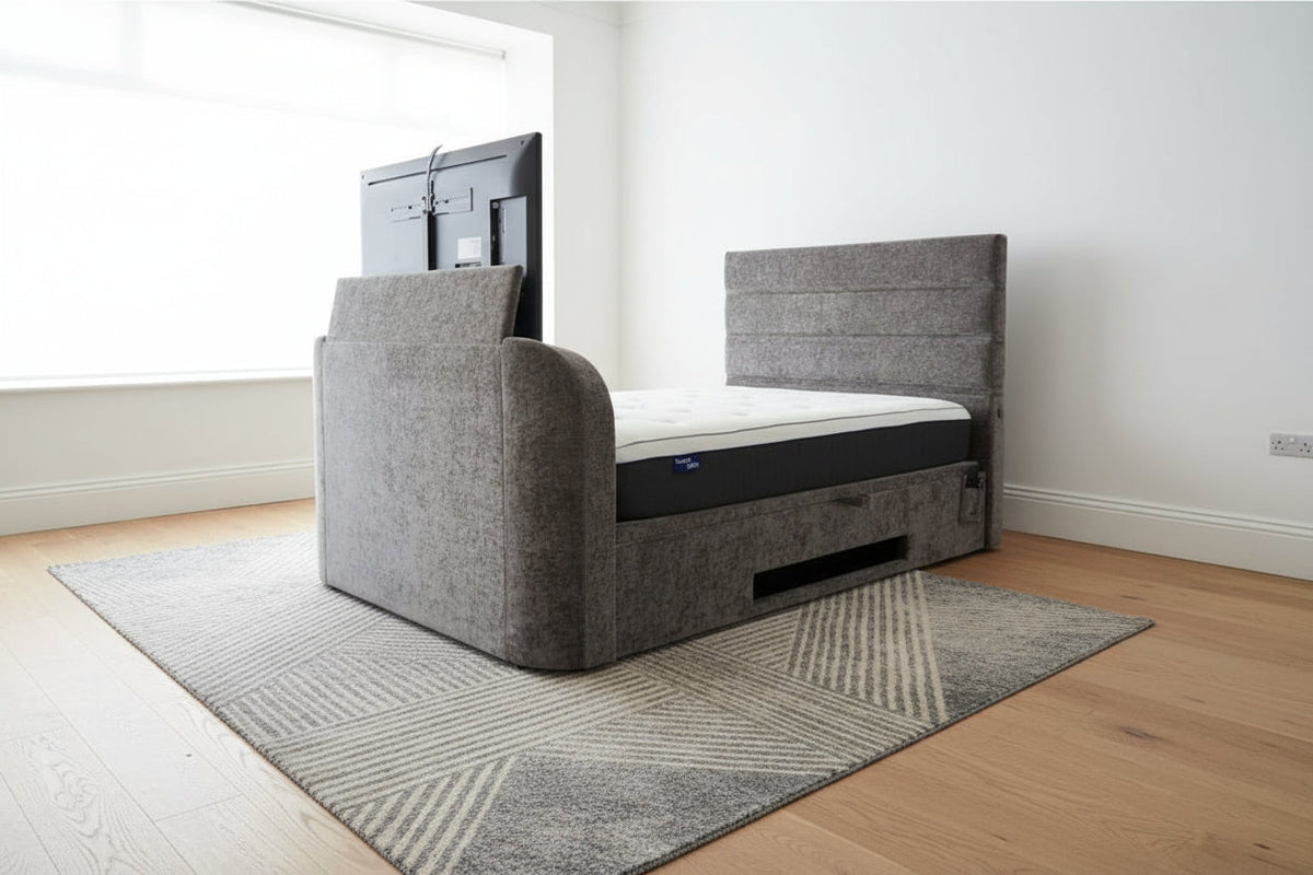 Annecy Double TV Bed With Ottoman Storage 2.1 Sound & 43" TV Capacity in Grey Fabric — view 5