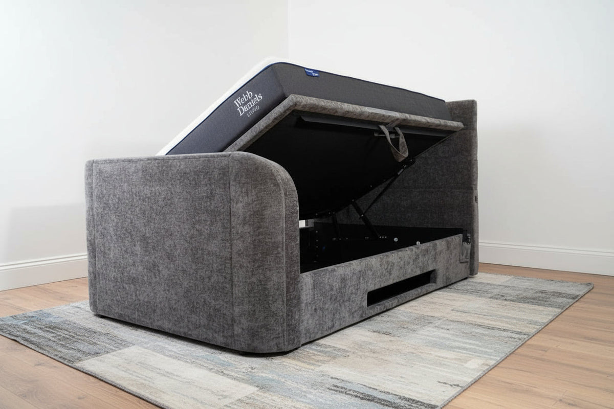 Annecy Double TV Bed With Ottoman Storage 2.1 Sound & 43" TV Capacity in Grey Fabric — view 3