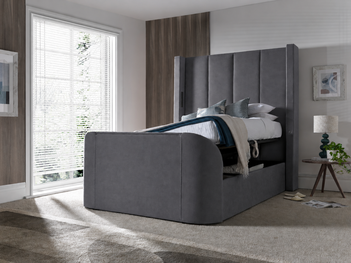 Hampton 5.1 Surround Sound Grey Velvet Ottoman TV Bed — view 4