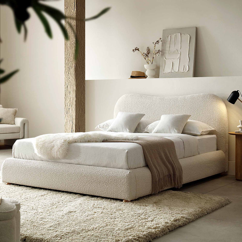 Egerie Curved Headboard Ottoman Storage Bed in Beige Boucle