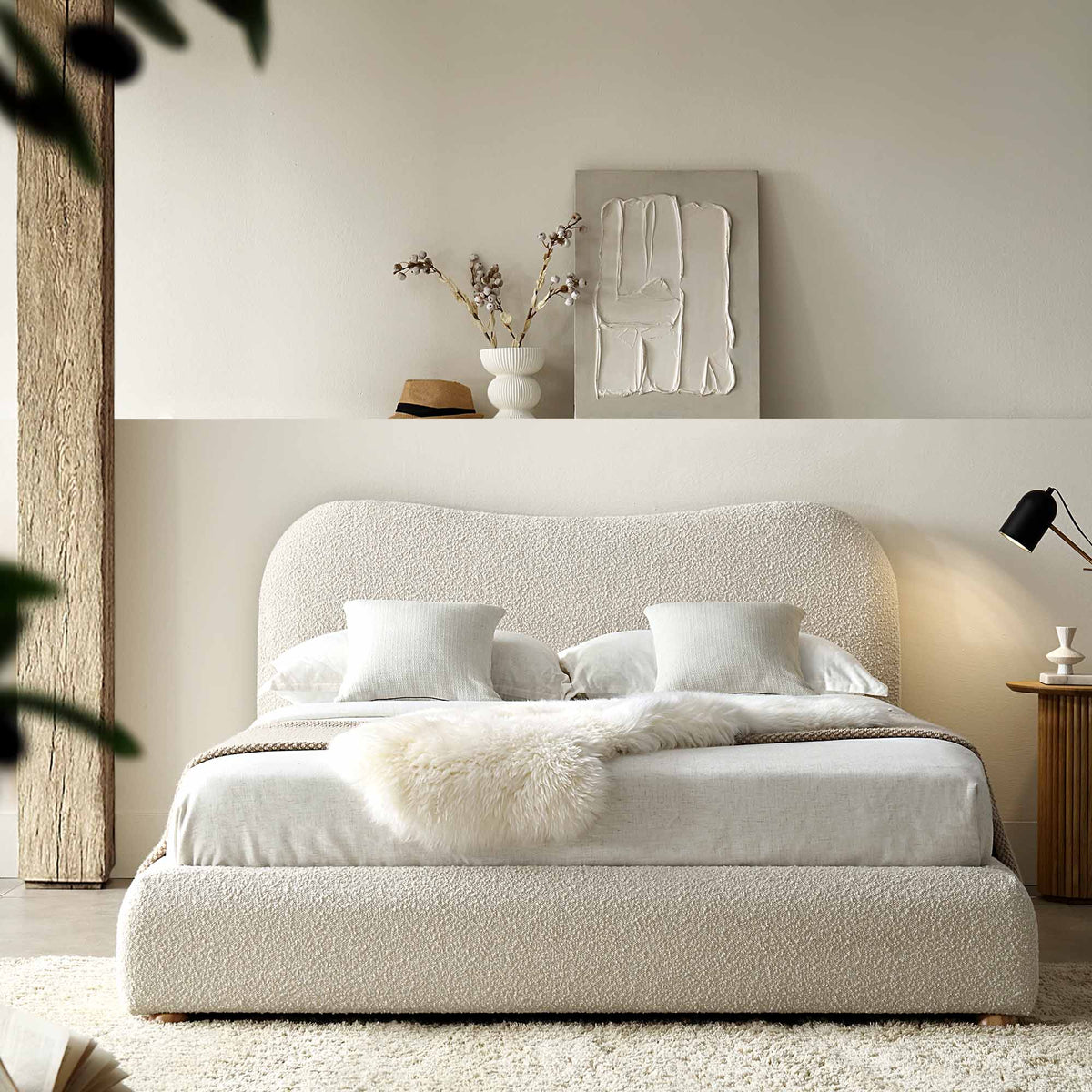 Egerie Curved Headboard Ottoman Storage Bed in Beige Boucle
