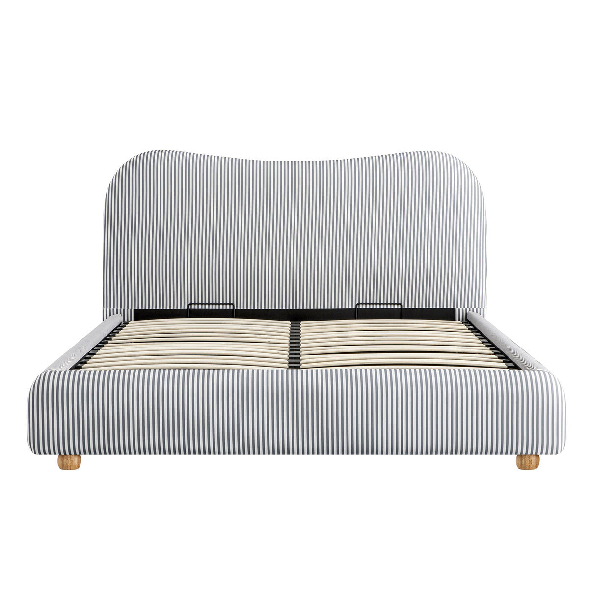Egerie Curved Headboard Ottoman Storage Bed in Slate Blue Striped Fabric