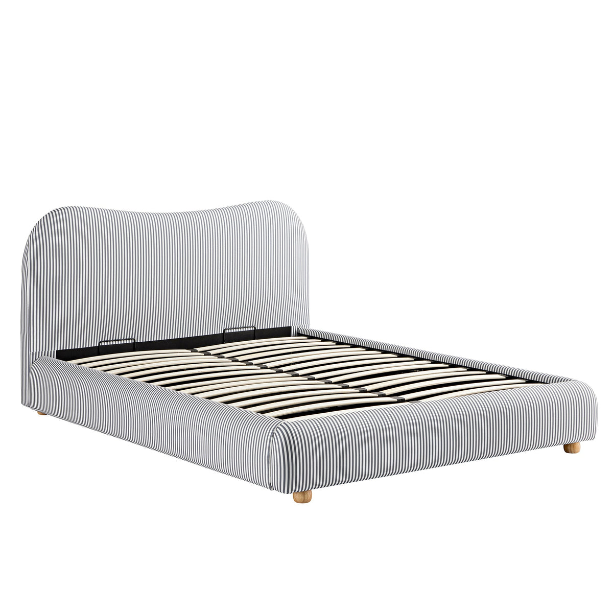Egerie Curved Headboard Ottoman Storage Bed in Slate Blue Striped Fabric