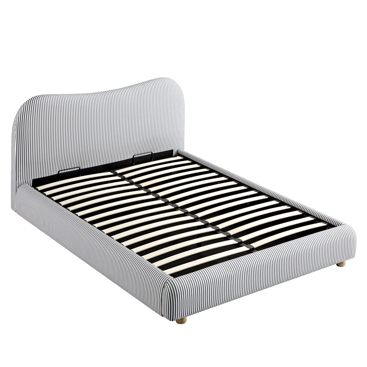 Egerie Curved Headboard Ottoman Storage Bed in Slate Blue Striped Fabric