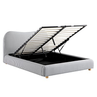 Egerie Curved Headboard Ottoman Storage Bed in Slate Blue Striped Fabric – image 60 of 67