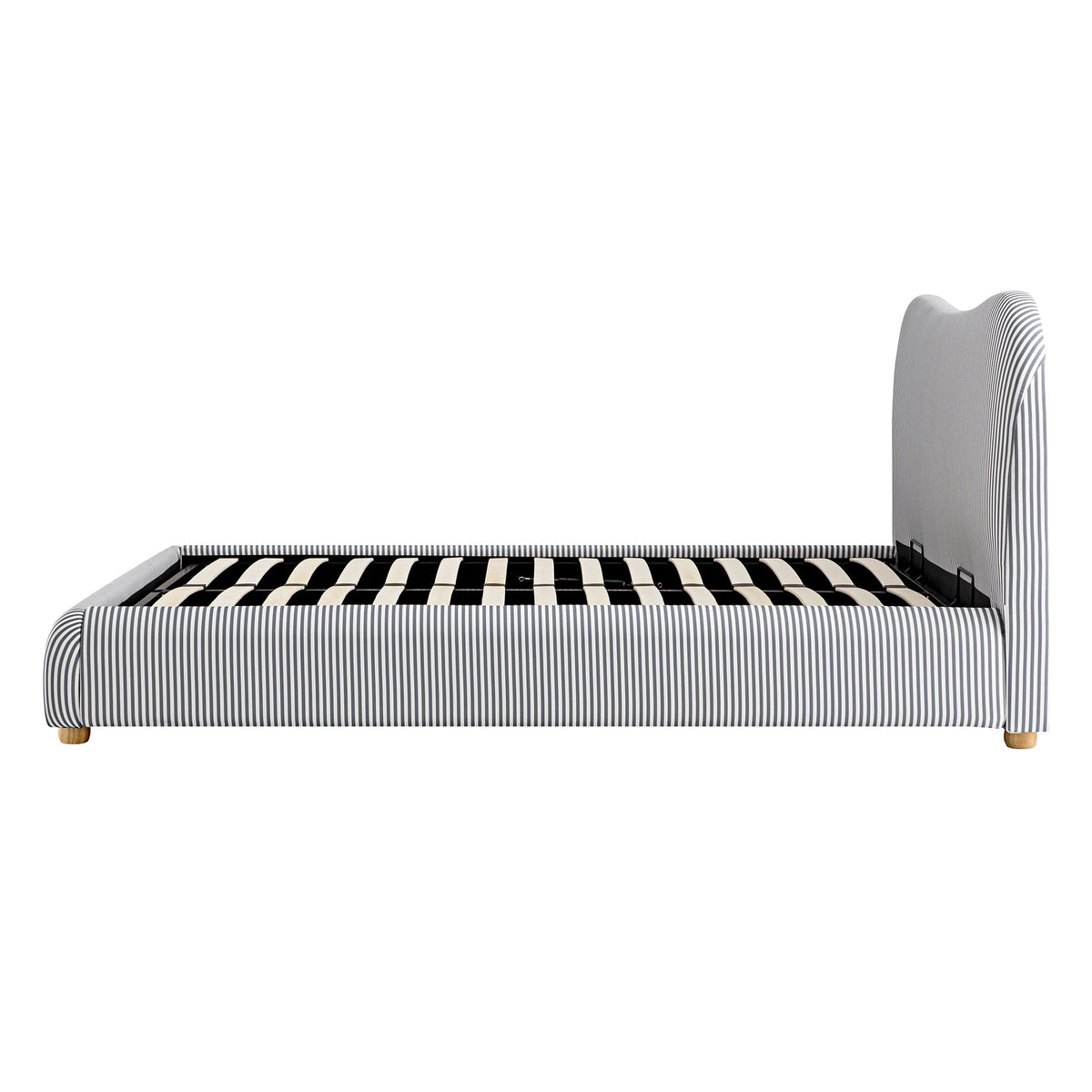 Egerie Curved Headboard Ottoman Storage Bed in Slate Blue Striped Fabric