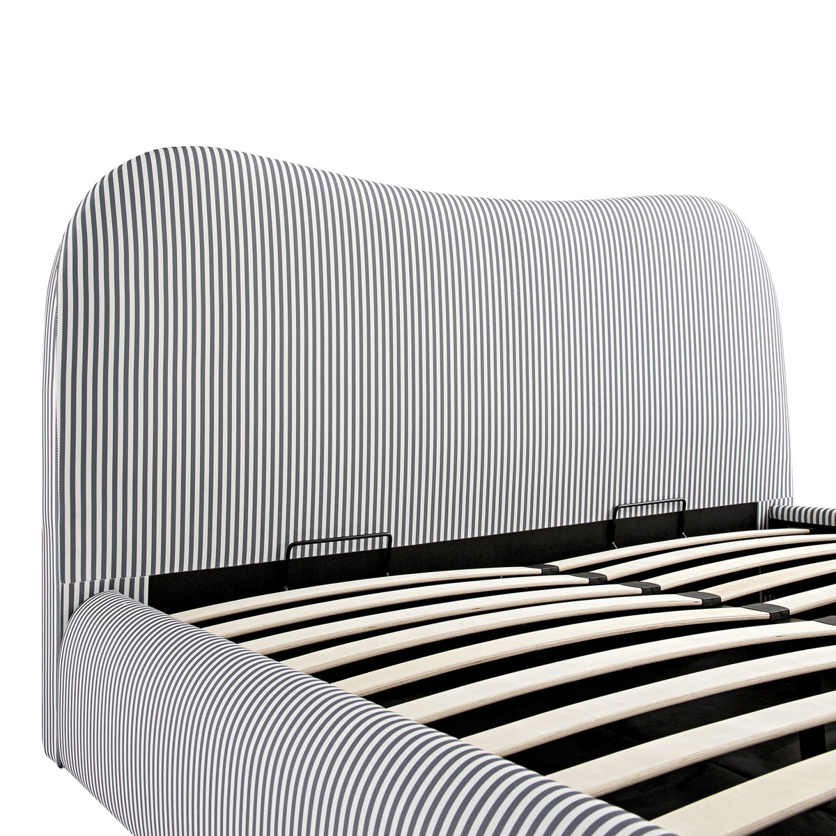 Egerie Curved Headboard Ottoman Storage Bed in Slate Blue Striped Fabric