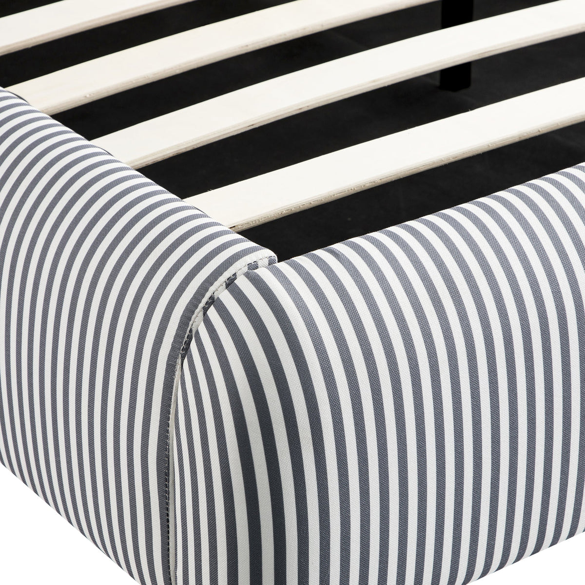 Egerie Curved Headboard Ottoman Storage Bed in Slate Blue Striped Fabric