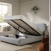 Egerie Curved Headboard Ottoman Storage Bed in Slate Blue Striped Fabric – image 52 of 67