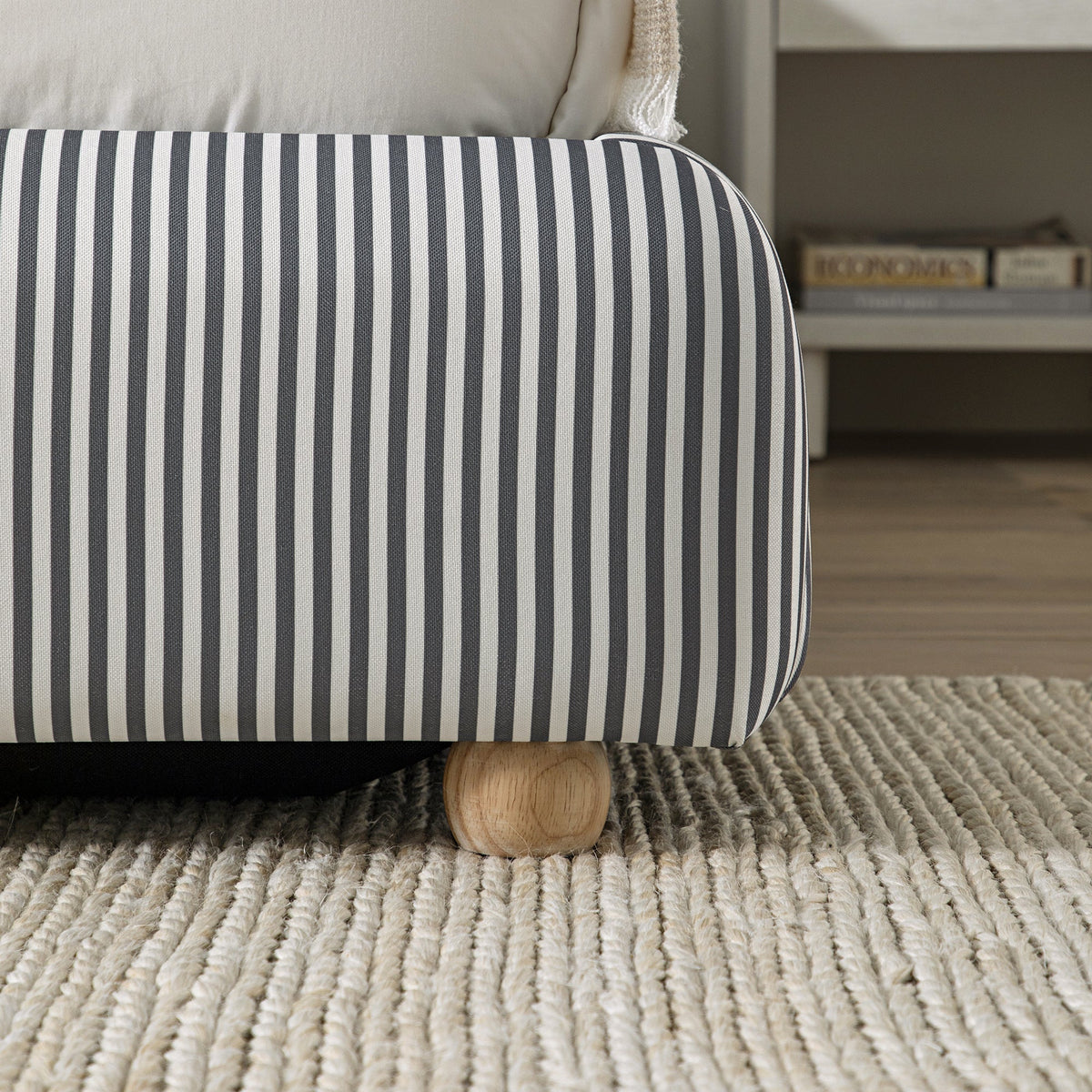 Egerie Curved Headboard Ottoman Storage Bed in Slate Blue Striped Fabric