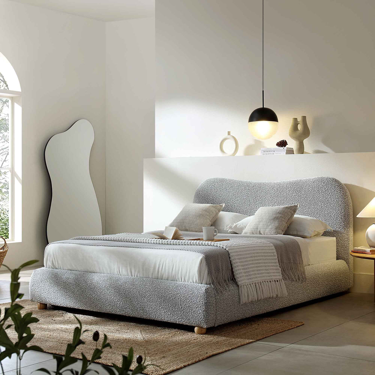 Egerie Curved Headboard Ottoman Storage Bed in Mist Grey Boucle