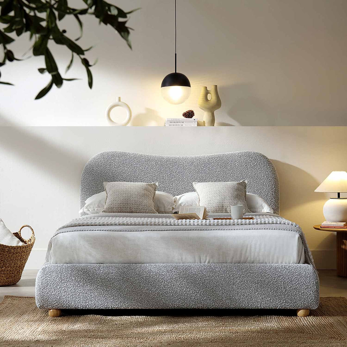 Egerie Curved Headboard Ottoman Storage Bed in Mist Grey Boucle