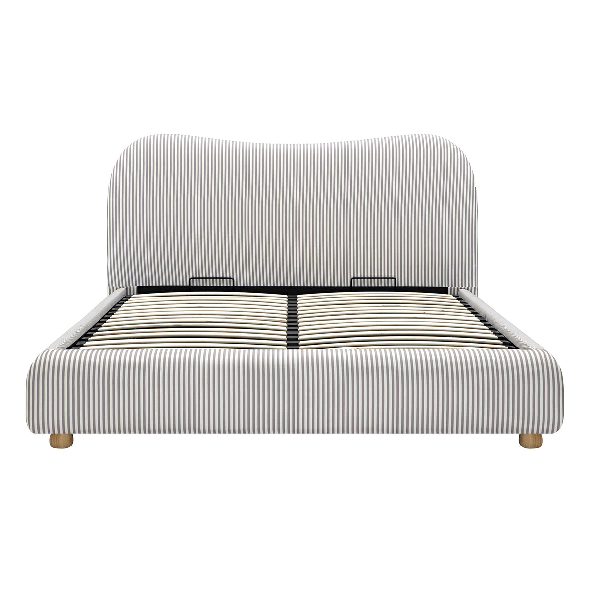 Egerie Curved Headboard Ottoman Storage Bed in Light Taupe Striped Fabric