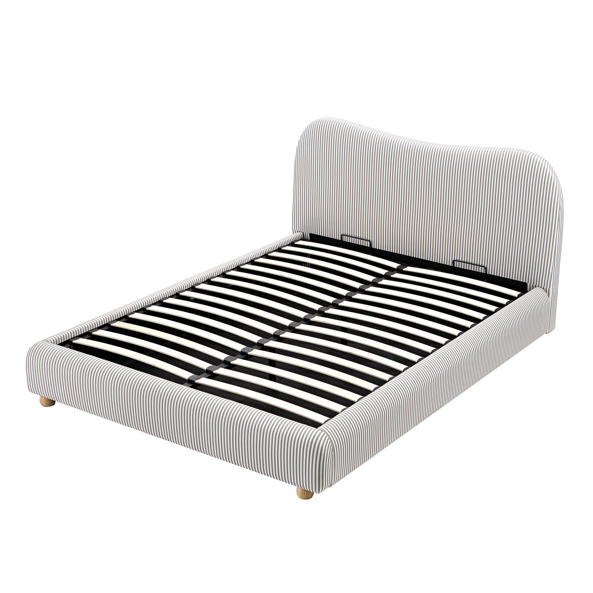 Egerie Curved Headboard Ottoman Storage Bed in Light Taupe Striped Fabric