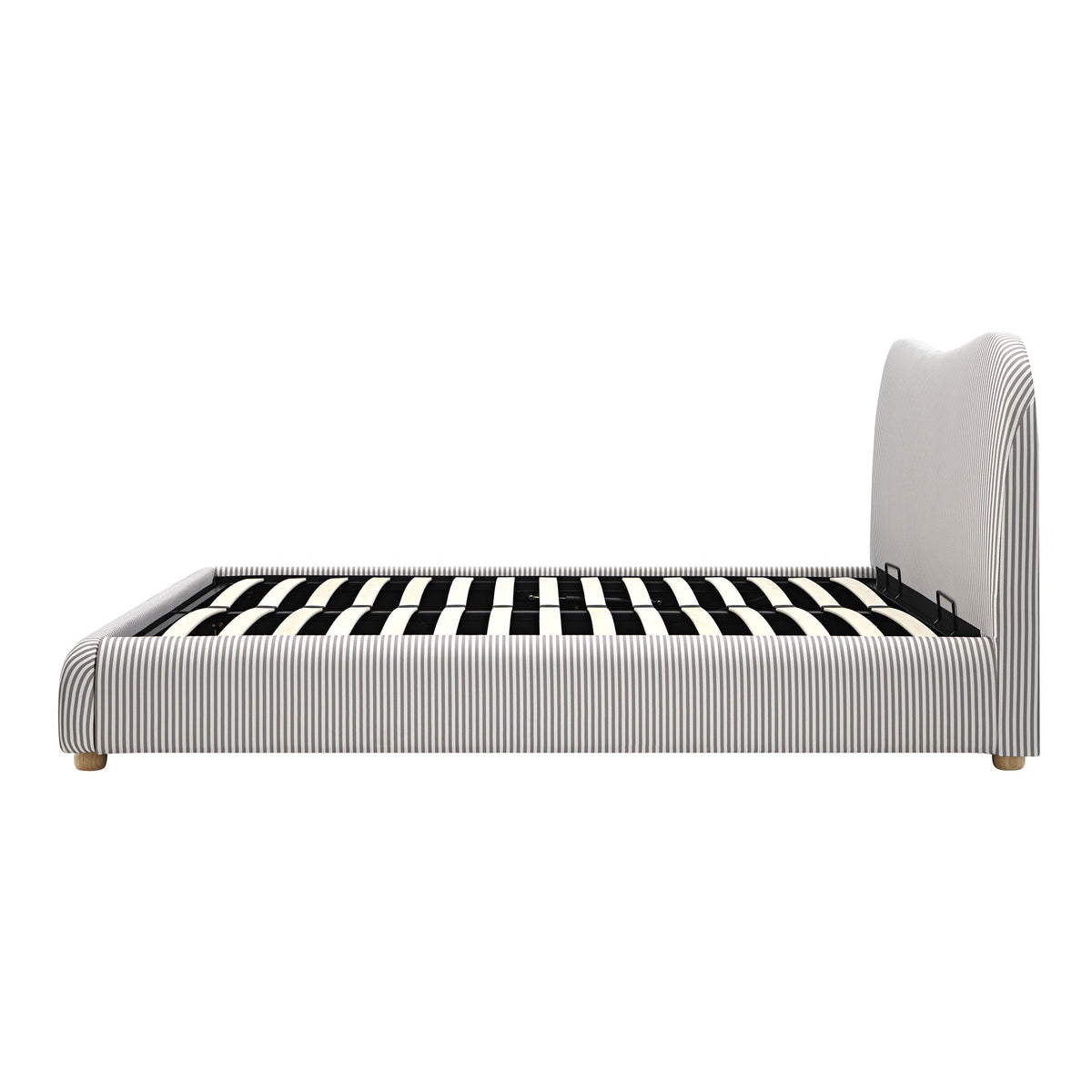 Egerie Curved Headboard Ottoman Storage Bed in Light Taupe Striped Fabric