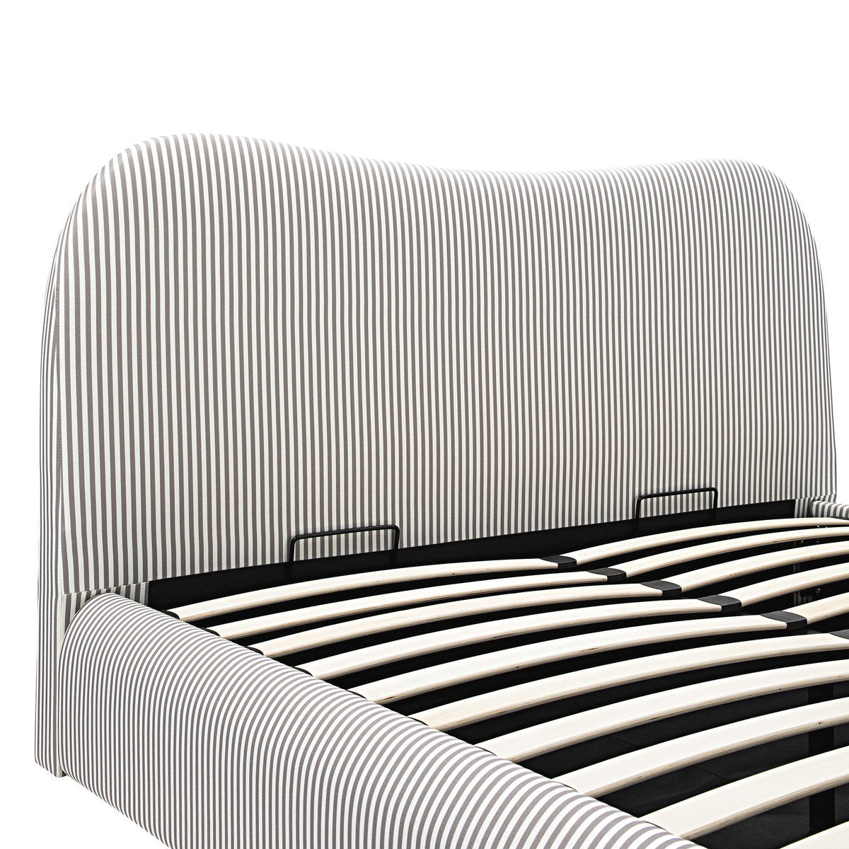 Egerie Curved Headboard Ottoman Storage Bed in Light Taupe Striped Fabric