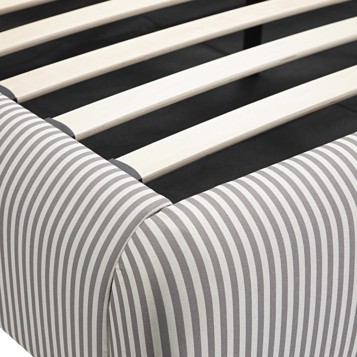 Egerie Curved Headboard Ottoman Storage Bed in Light Taupe Striped Fabric