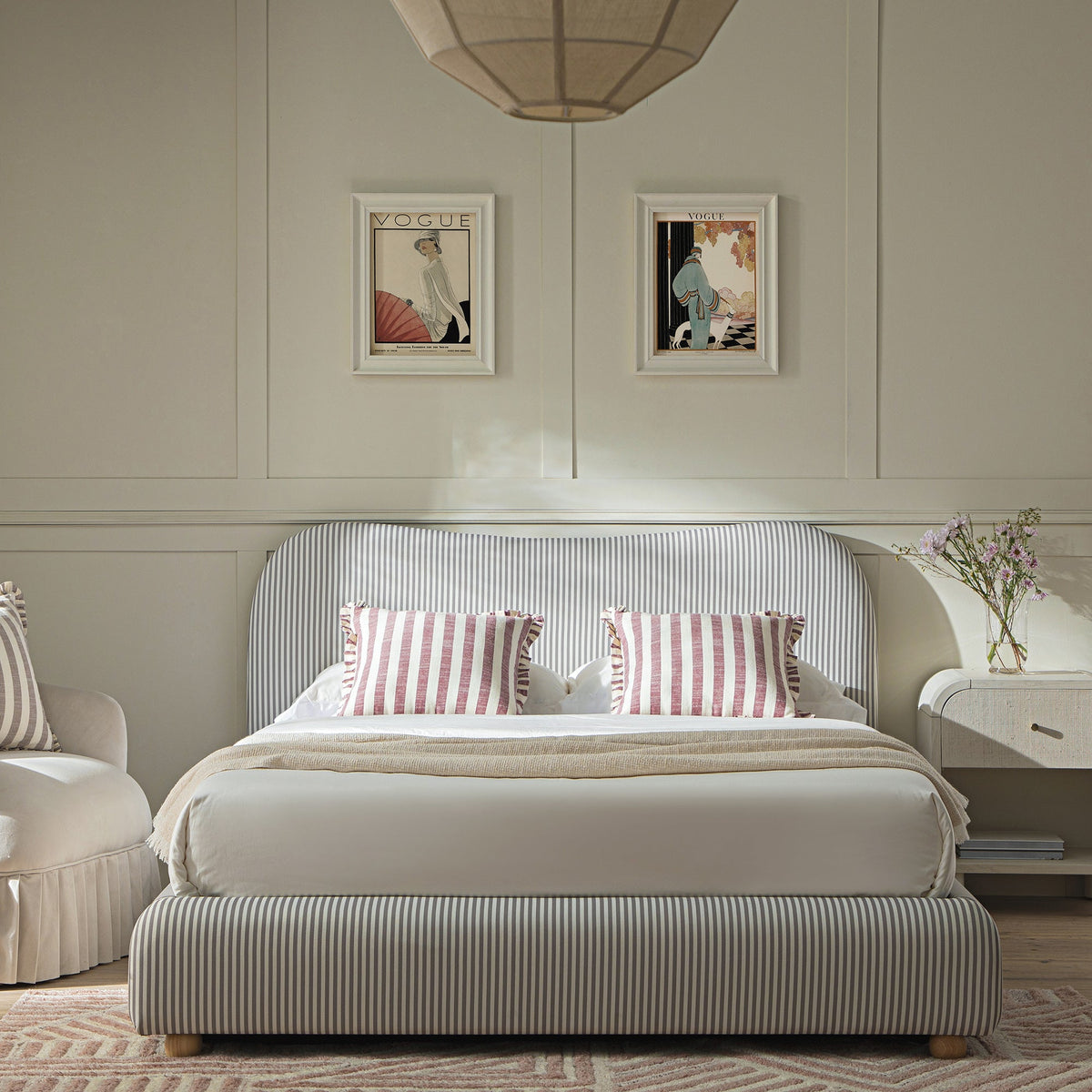 Egerie Curved Headboard Ottoman Storage Bed in Light Taupe Striped Fabric