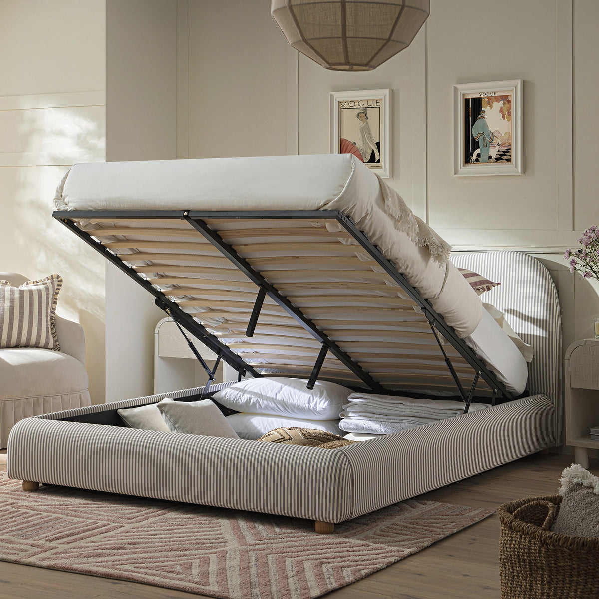 Egerie Curved Headboard Ottoman Storage Bed in Light Taupe Striped Fabric