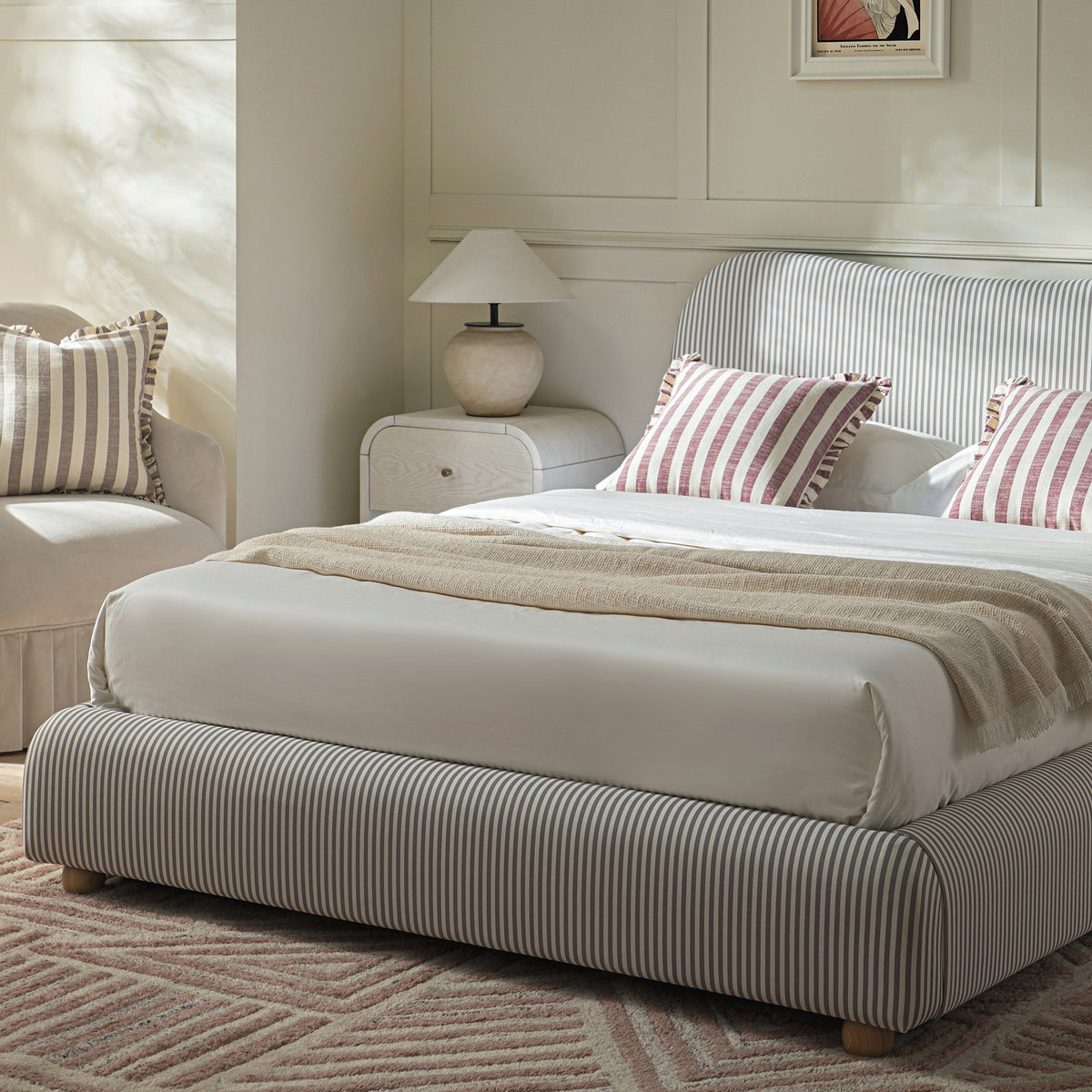 Egerie Curved Headboard Ottoman Storage Bed in Light Taupe Striped Fabric
