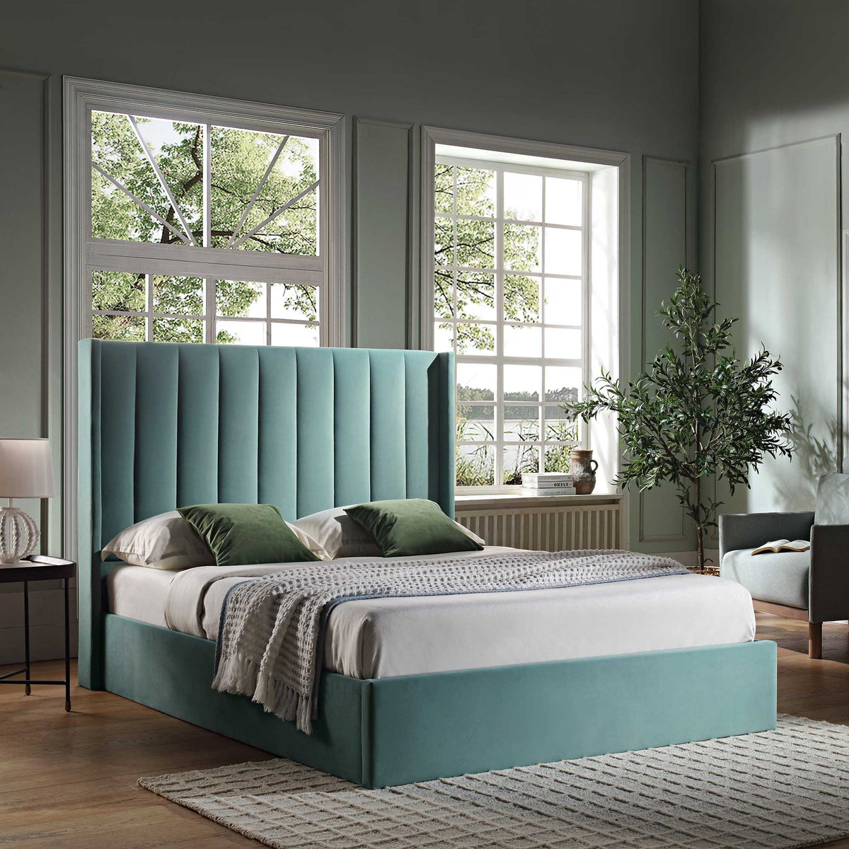 Wilton Ottoman Storage Bed in Seafoam Blue Velvet