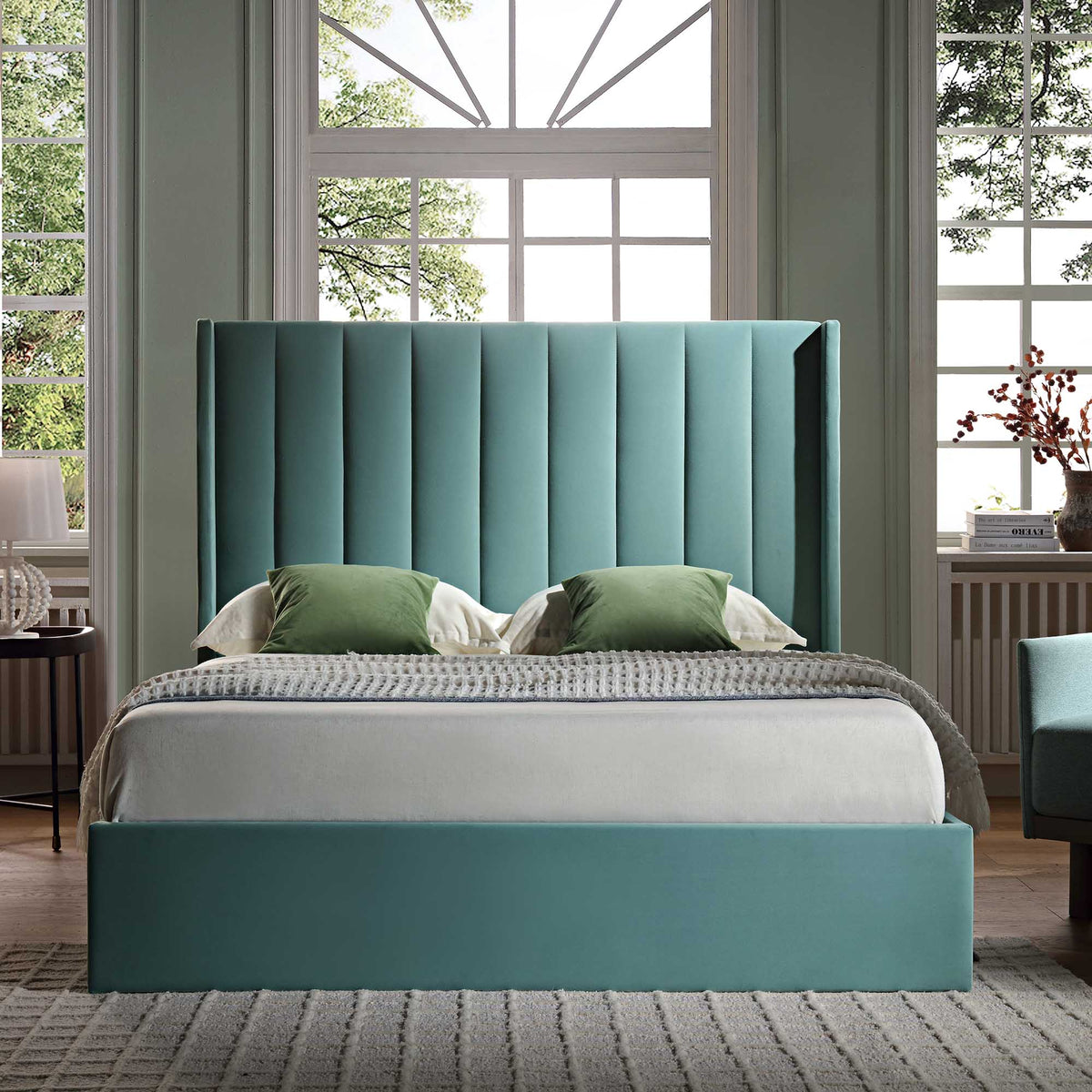 Wilton Ottoman Storage Bed in Seafoam Blue Velvet