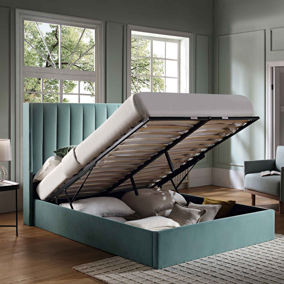 Wilton Ottoman Storage Bed in Seafoam Blue Velvet