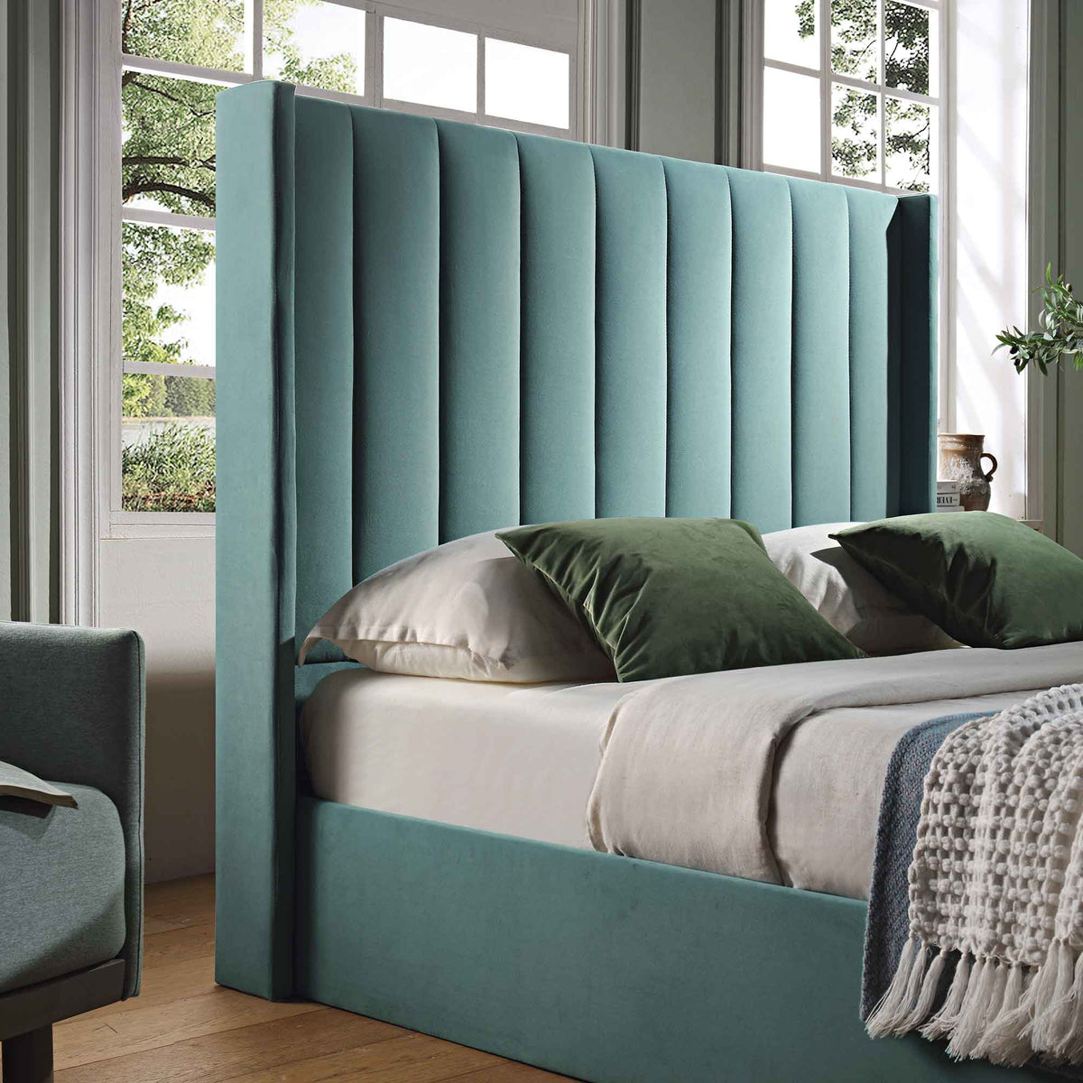Wilton Ottoman Storage Bed in Seafoam Blue Velvet
