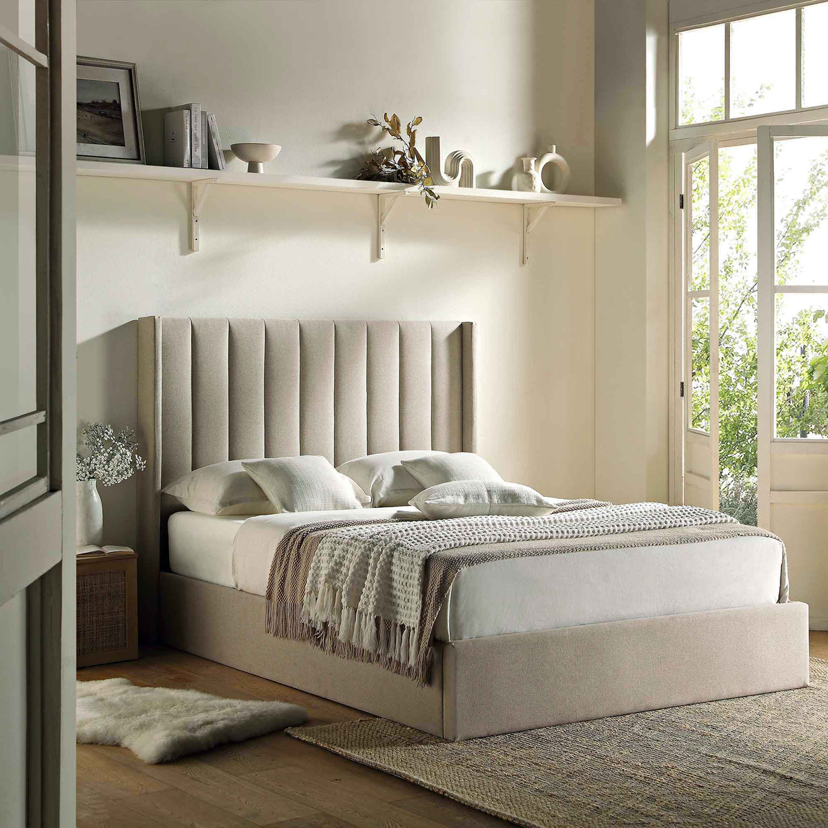 Wilton Ottoman Storage Bed in Warm Stone Fabric