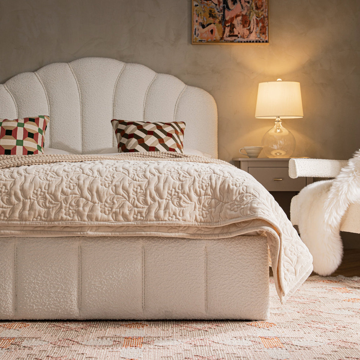 Hana Ottoman Storage Bed in Ecru Boucle