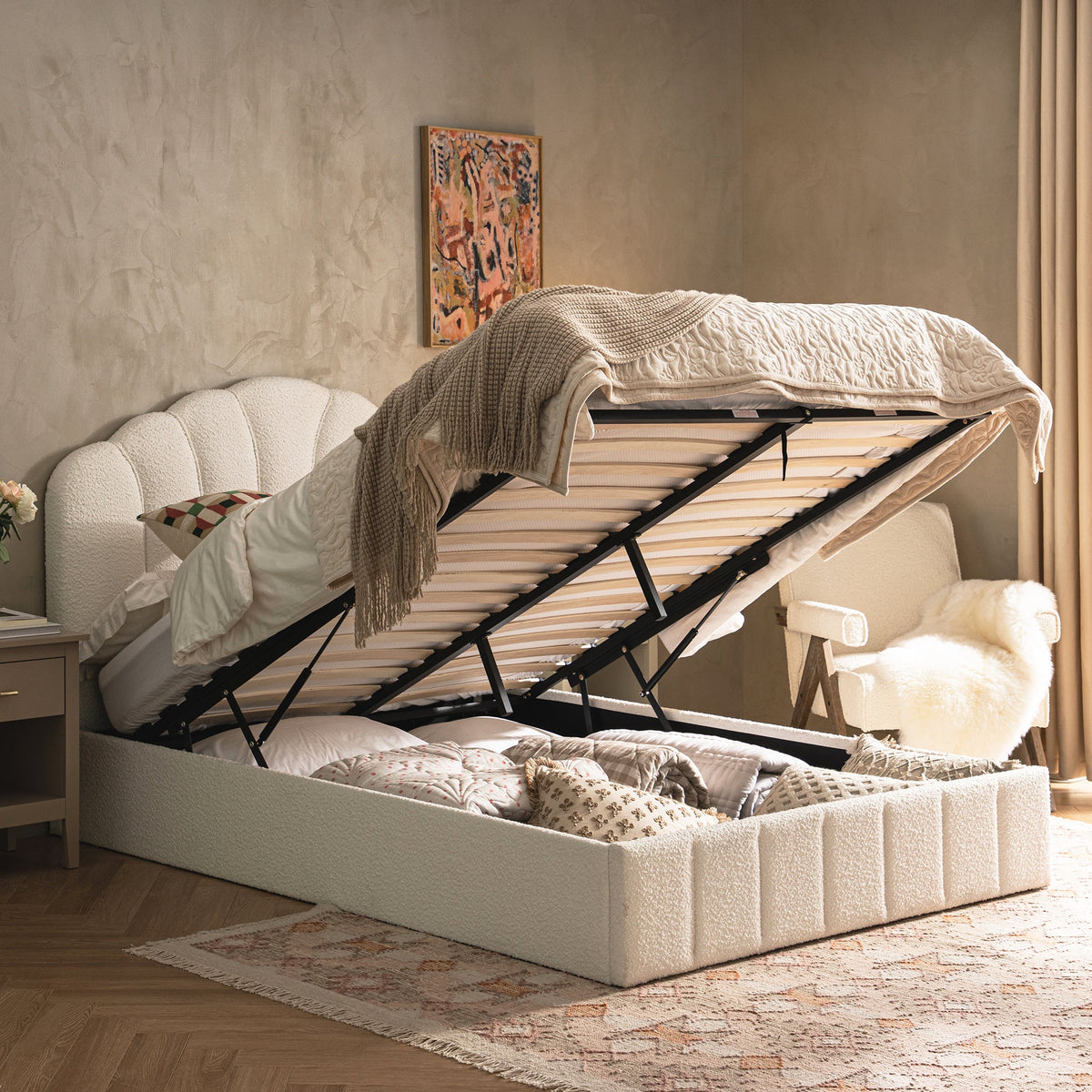 Hana Ottoman Storage Bed in Ecru Boucle