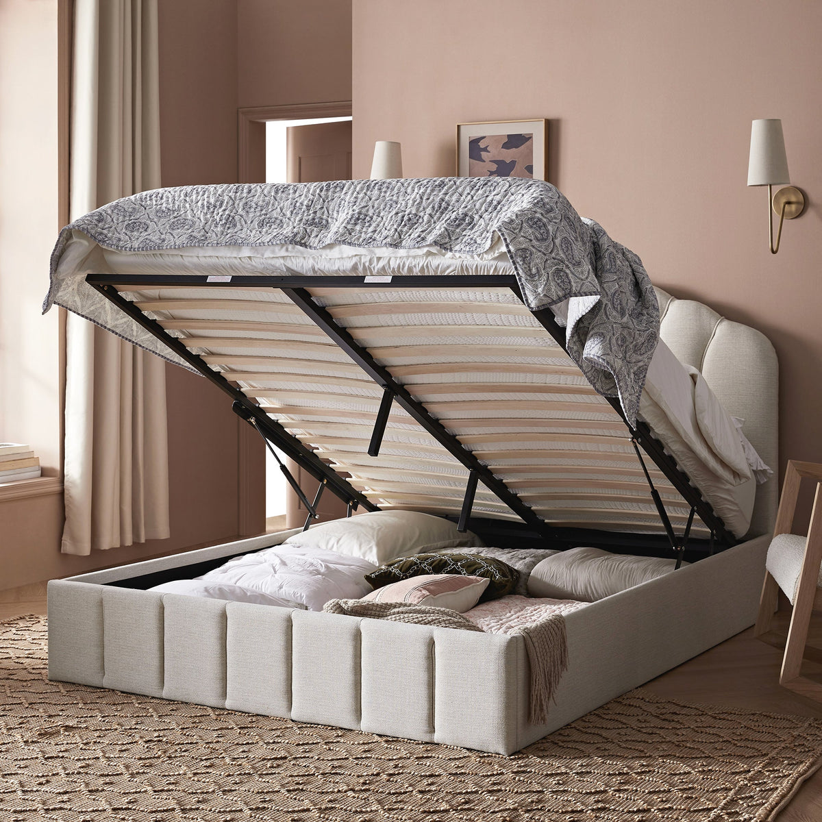 Hana Ottoman Storage Bed in Ivory Weave Fabric