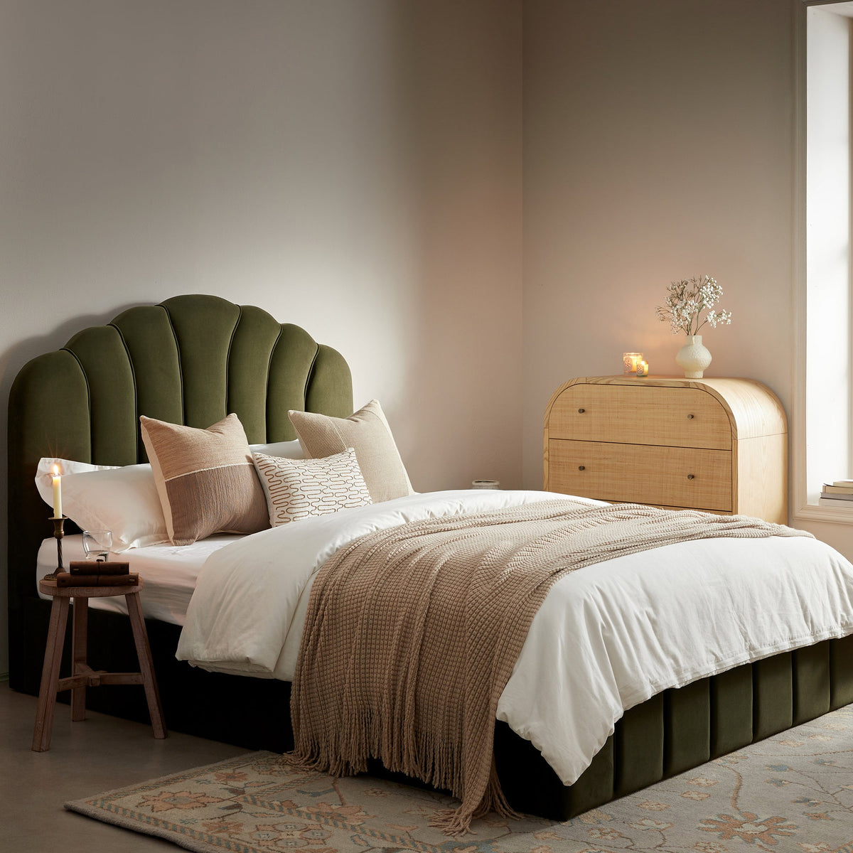 Hana Ottoman Storage Bed in Moss Green Velvet