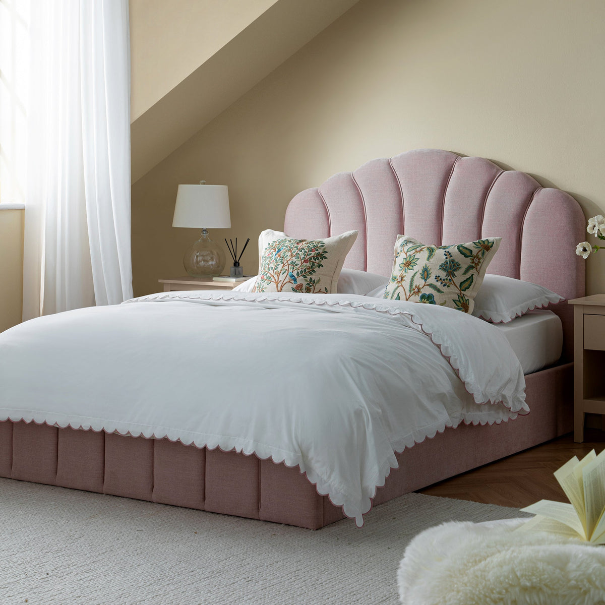 Hana Ottoman Storage Bed in Petal Pink Chenille