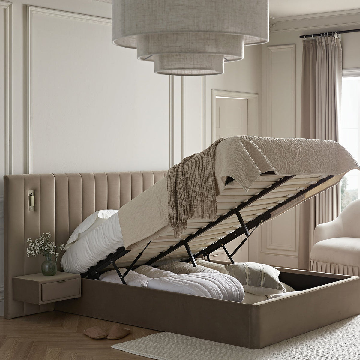 Tremezzo Oversized Ottoman Storage Bed in Taupe Velvet