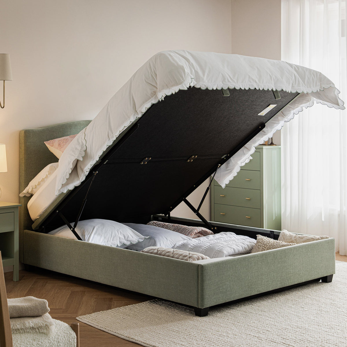 Chilworth Upholstered Ottoman Storage Bed in Water Green Chenille